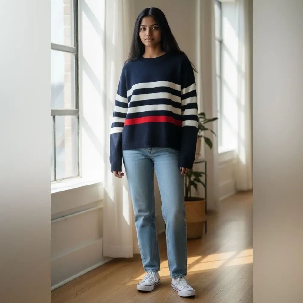 ZARA Blue White Red Stripes 100% Wool Pull On Sweater Size Large